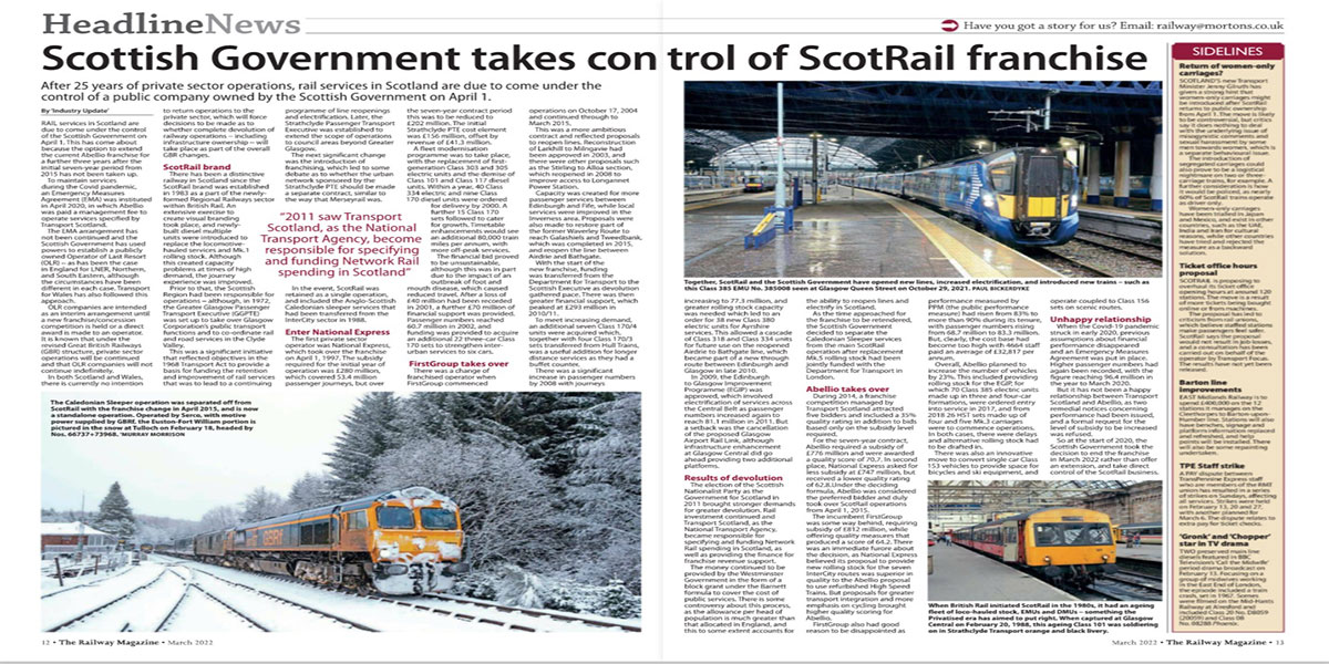 Government of Scotland to take over  Railways from private operators from 1st April, 2022￼