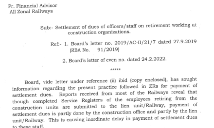 Settlement of dues of officers/staff on retirement working at construction organizations: Railway Board  Order