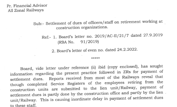 Settlement of dues of officers/staff on retirement working at construction organizations: Railway Board  Order