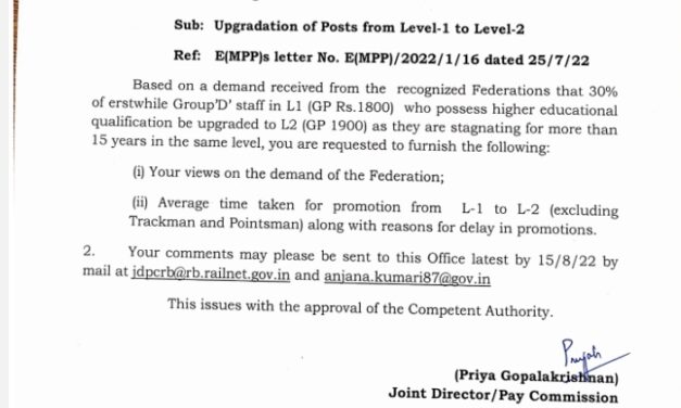 Upgradation of Posts from Level-1 to Level-2 Railway Board Order