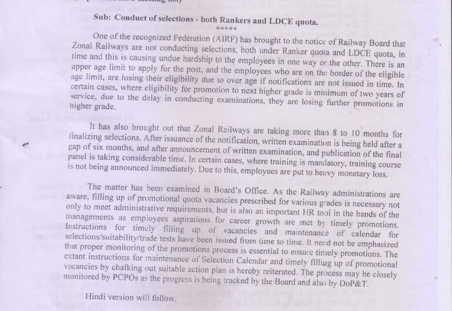 Conduct of selections – both Rankers and LDCE quota – RBE NO. 189/2022 Railway Board Order