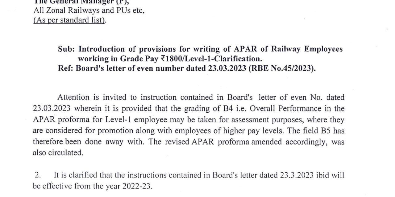 Introduction of provision of writing of APAR of Railway Employees working in GP 1800 – RBE No. 63/2023