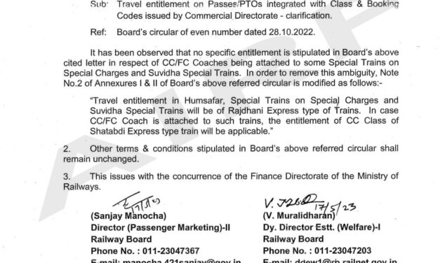 Travel entitlement on Passes/PTOs integrated with Class & Booking Codes issued by Commercial Directorate – clarification – RBE 71/2023