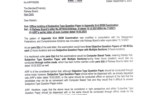 Offline Holding of Subjective Type Question Paper in Appendix-III A IREM Examination