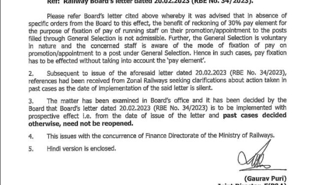 Fixation of pay of Running staff on promotion to the ‘General Posts clarifications – reg
