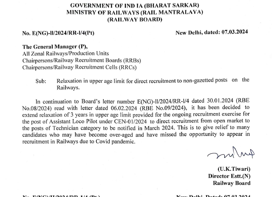 Relaxation in upper age limit for direct recruitment to non-gazetted posts on the Railways