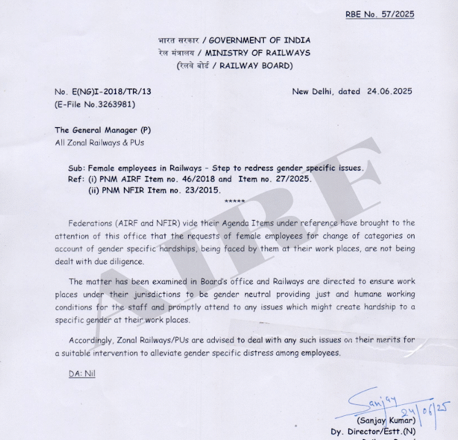 Female employees in Railways – Step to redress gender specific issues