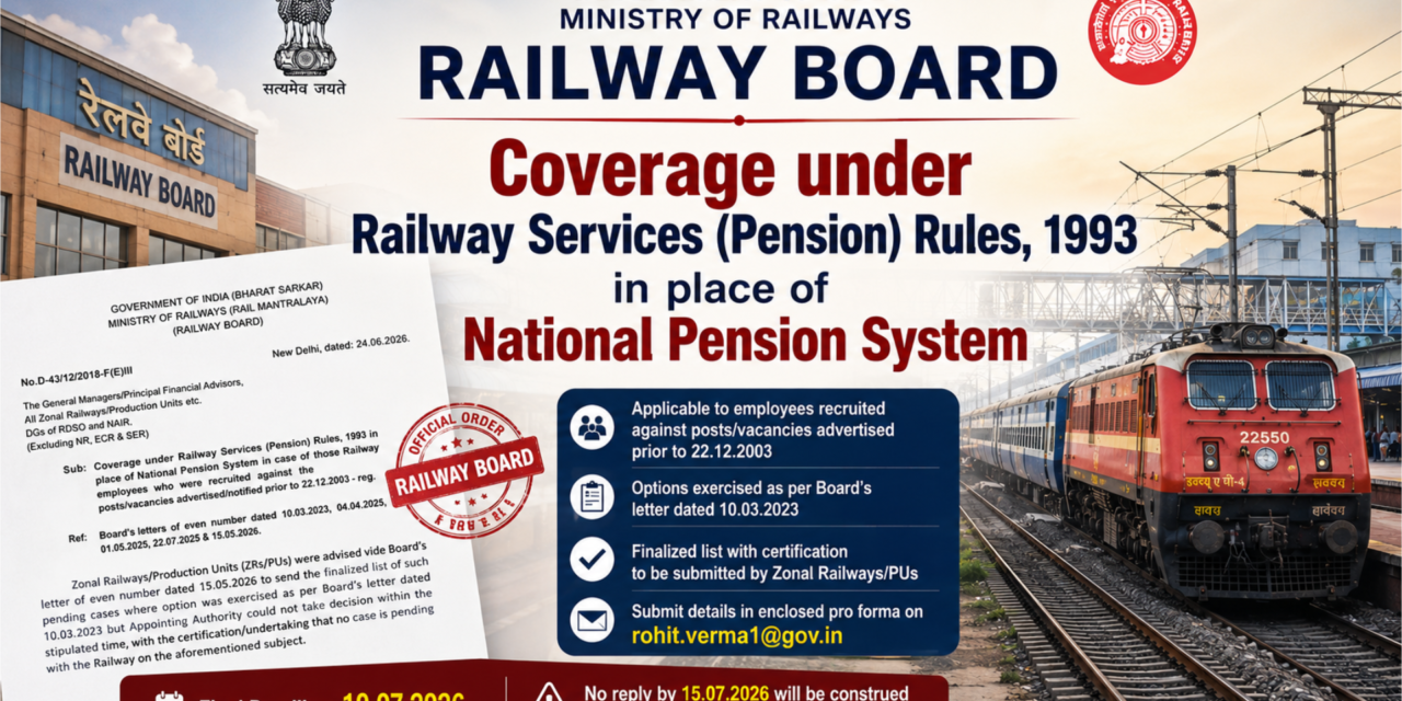 Coverage under Railway Services (Pension) Rules, 1993 in place of National Pension System in case of those Railway employees who were recruited against the posts/vacancies advertised/notified prior to 22.12.2003 – reg.