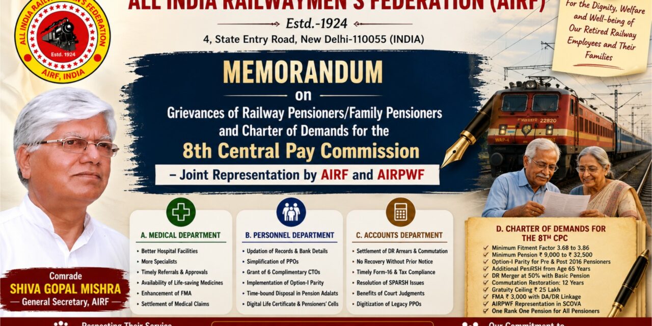 Memorandum on Grievances of Railway Pensioners/Family Pensioners and Charter of Demands for the 8th Central Pay Commission – Joint Representation by AIRF and AIRPWF.