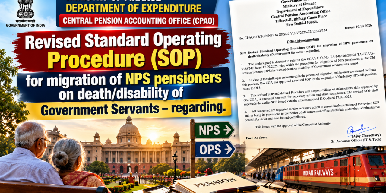 Revised Standard Operating Procedure (SOP) for migration of NPS pensioners on death/disability of Government Servants – regarding