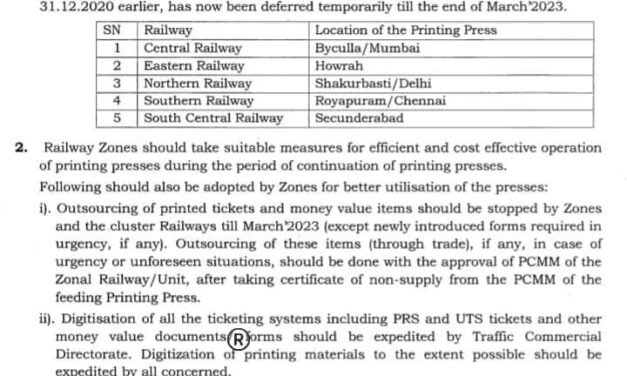 Closure of printing press deferred till March 2023 Railway Board Order