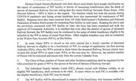 Clarification regarding continuance of widow Pass(WP) facility after demise of the Railway Servant and his/her spouse – Railway Board Order