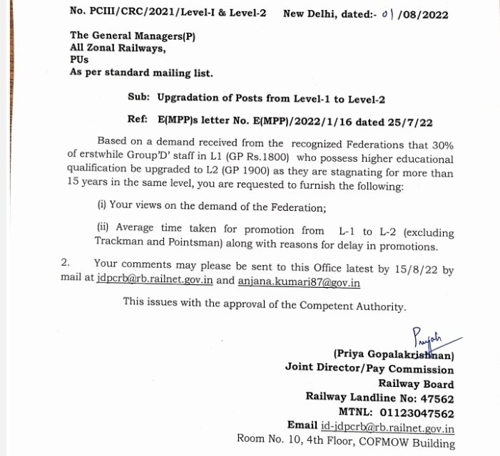 Upgradation of Posts from Level-1 to Level-2 Railway Board Order
