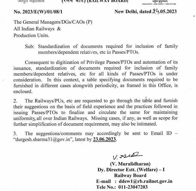 Standardization of documents required for inclusion of family members/dependent relatives, etc in Passes/PTOS