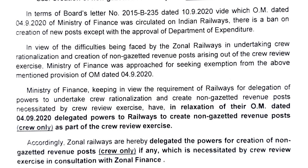 Creation of non-gazetted revenue posts (crew only) on Railways – RBE No. 84/2023