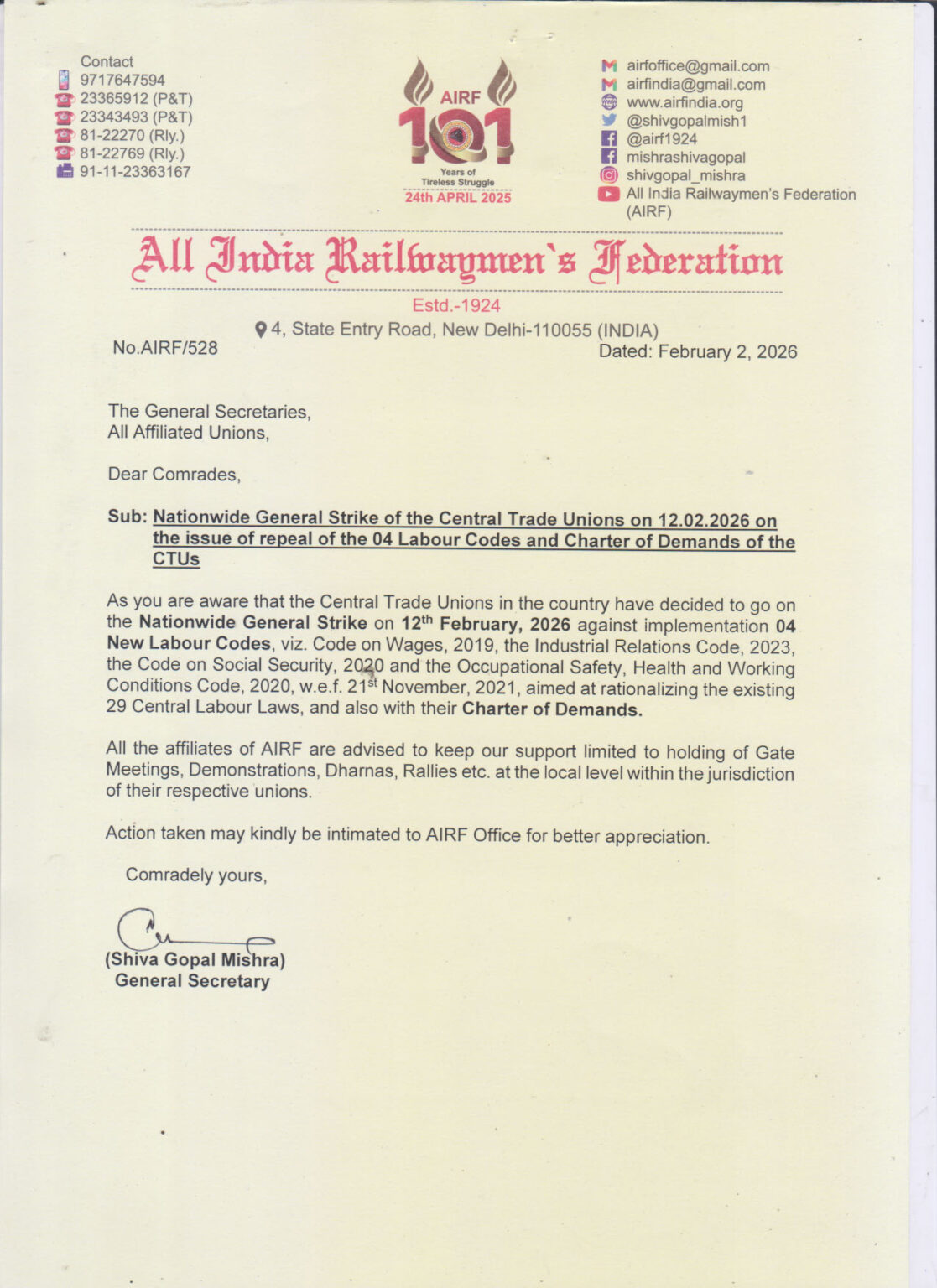 Union Current Letters Nationwide General Strike of the Central Trade Unions on 12.02.2026 on ...