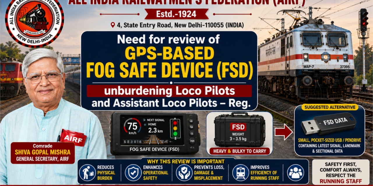 Need for review of GPS-based Fog Safe Device (FSD) unburdening Loco Pilots and Assistant Loco Pilots – Reg.